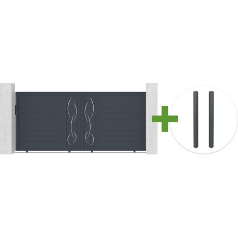Portail coulissant 3,5m LIFE H.160cm aluminium gris + 2 poteaux ELDA aluminium gris 15x15cm (1/5)