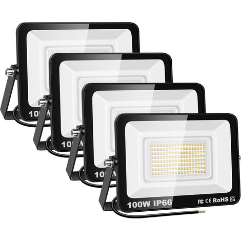 4 Pièces 100W Projecteurs LED Extérieur,10000lm Eclairage de Sécurité Spot LED Extérieur,6000K Blanc étanche Lumineuse Lampe pour Entrepôt Garage Jardin Stade Arrière-cour,175V-260V IP66