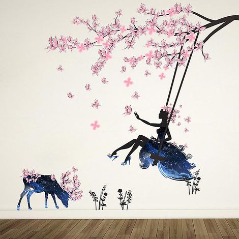 Sticker mural amovible à faire soi-même représentant une fille sur une balançoire et une silhouette de cerf, avec papillons, roses et fleurs, idéal pour la décoration intérieure et le salon. (1/5)