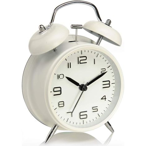 Sveglia a doppia campana - per chi ha il sonno pesante - Allarme potente con retroilluminazione - Sveglia a batteria in stile antico per la camera da letto - Bianca - 10 cm - 1 pezzo (1/5)
