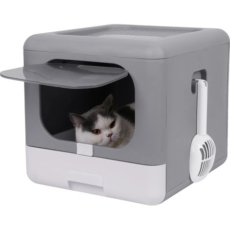 Arenero para gatos, material PP, 40,5 x 43 x 37,5 cm, apto para gatitos de hasta 6 kg, sistema de recogida con un solo tirón, diseño cerrado con filtro de algodón. (1/5)