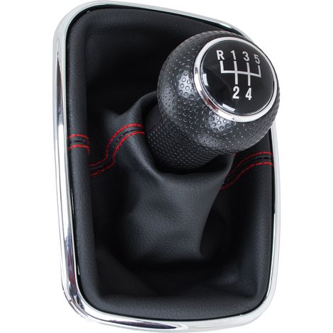 Pomo de palanca de cambios y funda para VW Golf IV 97-03 con rosca roja y marco cromado, 5 velocidades, orificio de 12 mm. (1/5)
