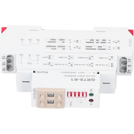 Relais temporisé numérique GRT8-K1, contrôleur électronique programmable, modes temporisation retard, AC 230V 50/60Hz, minuterie modulaire DIN, précision professionnelle. (1/5)