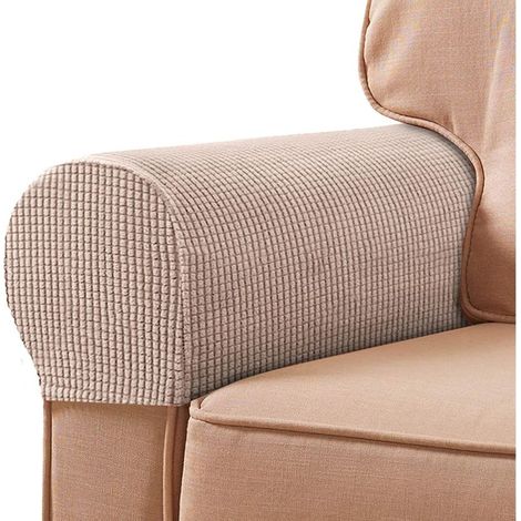 Protector universal para reposabrazos, funda de fibra de poliéster para reposabrazos de sofá, protege mejor los brazos del sofá del desgaste, funda elástica para silla (2 unidades, color camel). (1/4)