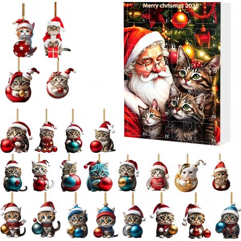 Calendrier de Noël surprise 24 jours, chaton de dessin animé, breloque acrylique, décoration pour sapin, style C (1/2)