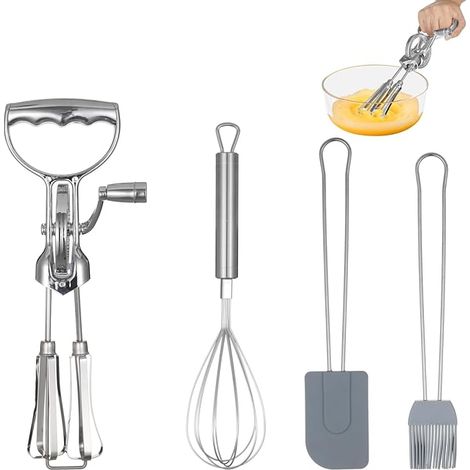 Batteur À Oeufs Manuel - Double Tête Rotative - Brosse En Silicone Et Spatule Incluses - Pour Pâtisserie Maison - Lot De 4 Pièces (1/5)