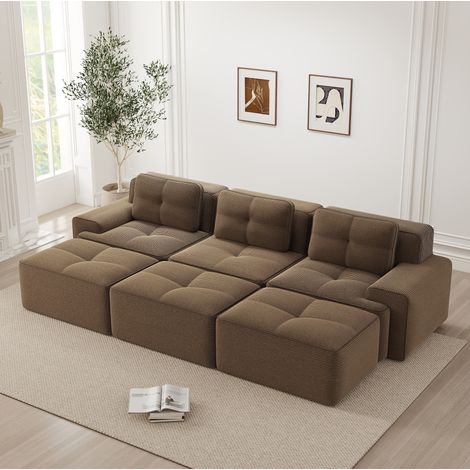 Canapé d'angle modulaire sans cadre en velours côtelé marron, convertible, 3 places, avec 3 poufs (1/5)