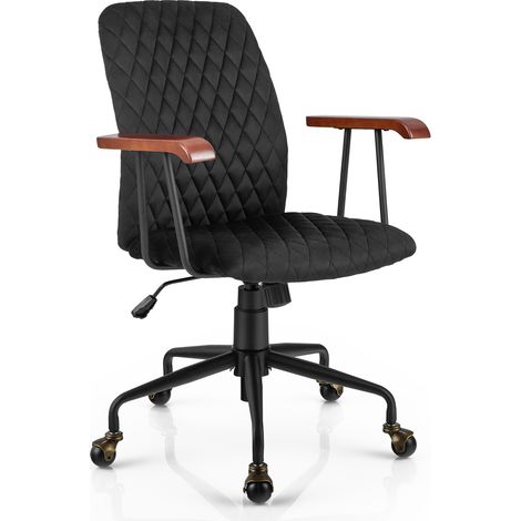 Fauteuil de bureau noir en velours avec accoudoirs en bois, hauteur réglable et roulettes en cuivre, pour bureau, salon et chambre (1/5)