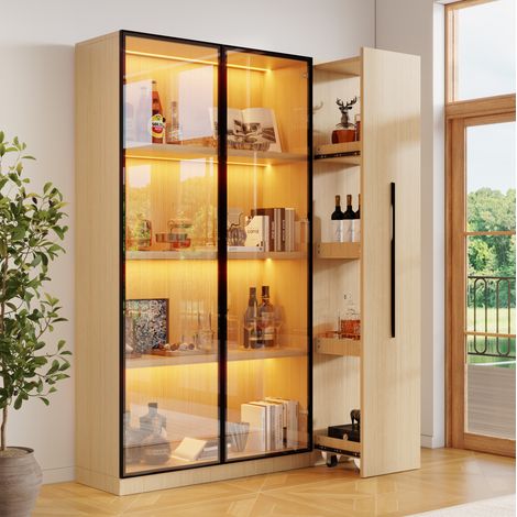 Mueble vitrina con puerta de vidrio y LED, 110,5 x 35 x 160 cm, roble OKMYHOME (1/5)