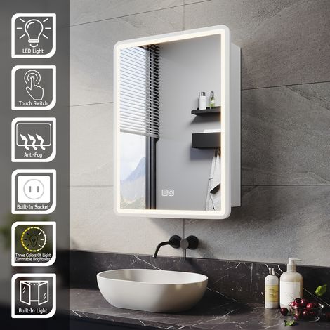 ELEGANT Bathroom LED Mirror with Shaver Socket Demister 3 Lighting Modes Bathroom Mirror Cabinet, 500x700mm White