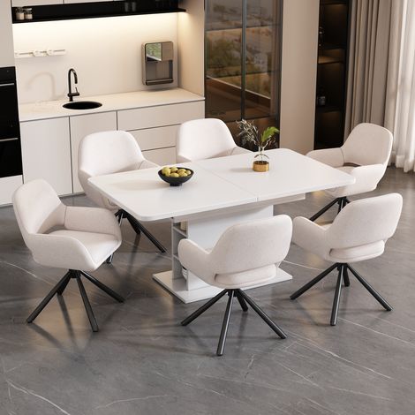 DESMIU Table de salle à manger rectangulaire extensible avec 6 chaises, espace de rangement, pour salle à manger, blanc (1/4)