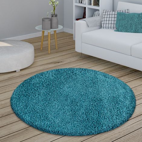 Paco Home Alfombra Salón Redonda Pelo Largo Shaggy Dormitorio Mullida Moderna Pasillo Uni Ø 160 cm redondo, Turquesa (1/5)