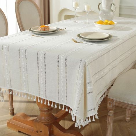 Tischdecke, 90 x 140 cm, beige-weiß gestreift, bestickt mit Fransen, Polyester, fleckenabweisend (1/5)