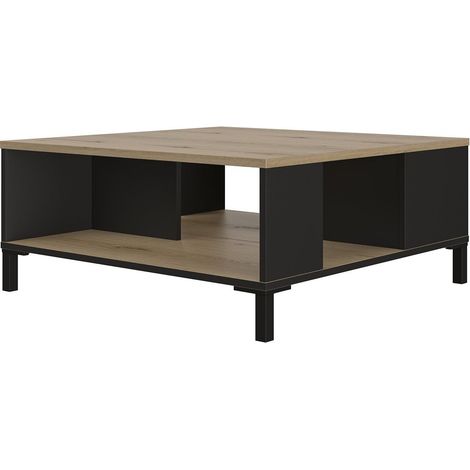 Calicosy – Table basse fixe 81x81x36 cm effet chêne et noir – Niche de rangement – Panneaux de particules et pieds en ABS noir (1/3)