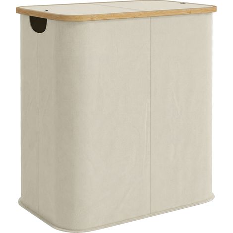 Panier à linge double pliable 80 L, corbeille pour vêtements sales avec couvercle, poignées rainurées, beige (1/5)