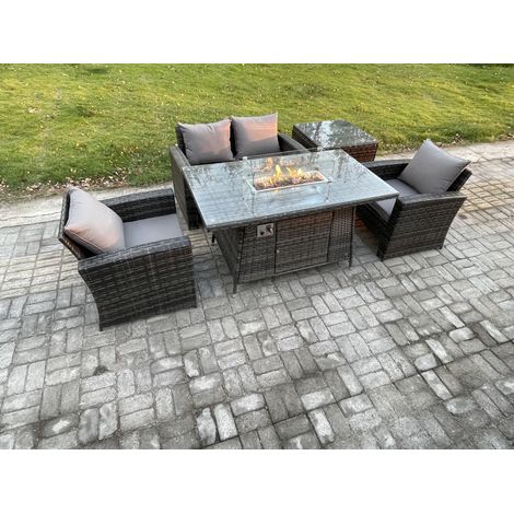 Fimous 4 Seater Outdoor Rattan Sofa Set Garden Furniture Gas Firepit Dining Table Heater with Side Table Dark Grey Mixed (1/5)
