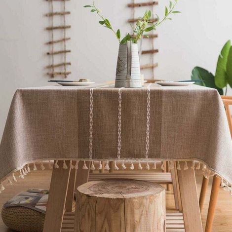 Sturdy Cotton and Linen Tablecloth for Rectangular Tables, Tablecloth with Solid Trellis Embroidery for Kitchen and Dining Table Decoration. (140 x 180 cm, Khaki) (1/5)