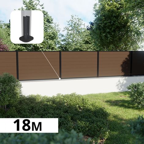 Kit Clôture Composite sur Muret RIO Bronze 18x1,2m - Bois composite & Aluminium - Poteaux sur Platines Noir - Brise vue