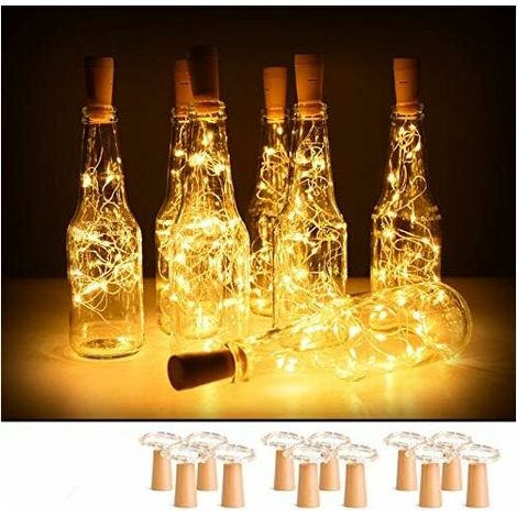 Lot de 10 guirlandes lumineuses pour bouteille de vin avec bouchon en liège, 2 m, 20 LED fonctionnant à piles, fil de cuivre pour bricolage, décoration de mariage, lumière blanche chaude Bouteille no (1/5)