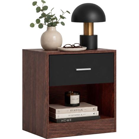 Relaxdays bedside table, drawer, open shelf, HWD: 41 x 39 x 28 cm, bedside cabinet, brown-black (1/5)