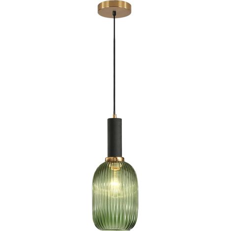 Suspension en verre avec douille E27, lampe suspendue réglable en hauteur en métal, luminaire de plafond pour cuisine, salle à manger et salon (Vert, 13cm) (1/5)