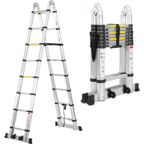 SWANEW Scala telescopica 2,5m + 2,5m scala allungabile in alluminio argento scala allungabile antiscivolo (1/5)