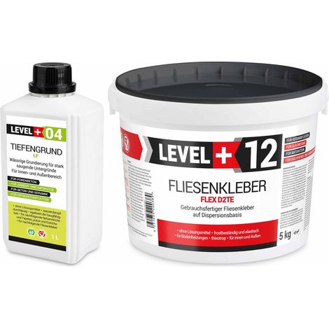 LEVEL+ Fliesenkleber 5Kg + Tiefengrund 1L Dispersionkleber Weiß Steinkleber SET205 (1/4)