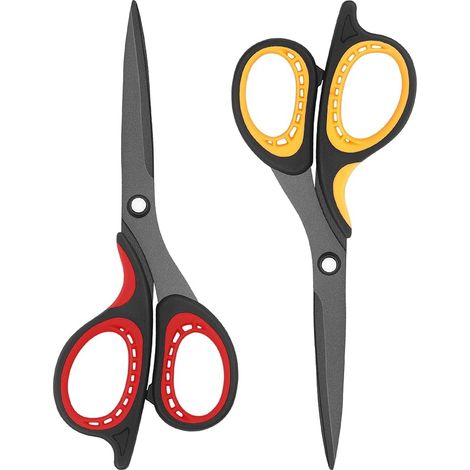 Juego de 2 pares de tijeras de titanio, hojas afiladas de acero inoxidable, mangos suaves, ideales para el hogar, la oficina, la escuela y manualidades, rojo/negro/amarillo/negro (1/5)