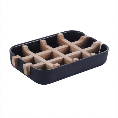 Porte-savon en bambou pour douche, support à savon en bois noir (1/5)