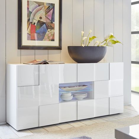 Buffet MILANO - Décor blanc laqué brillant - 2 portes 2 tiroirs - L181 x P43 x H84 cm (1/5)