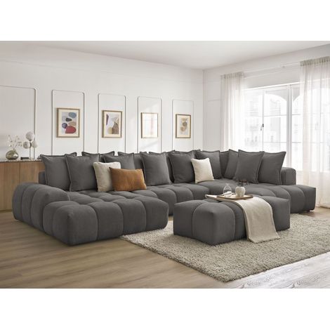 BOBOCHIC - Canapé panoramique convertible coffre EVEREST tissu texturé avec pouf Angle gauche Gris foncé (1/5)