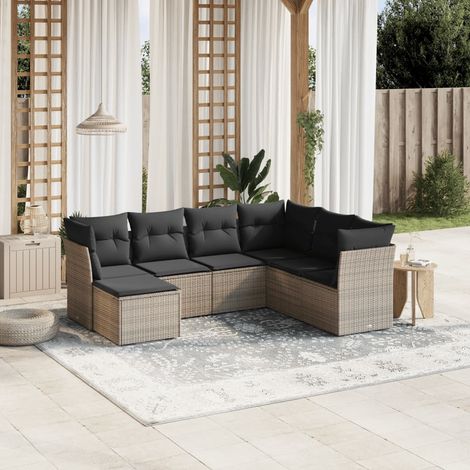 Set de sofás de jardín 7 piezas con cojines ratán PE gris vidaXL (1/4)