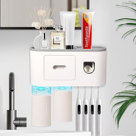 Porte-brosse mural avec distributeur automatique, 2 tasses magnétiques, 4 emplacements, 1 tiroir, grande capacité (1/5)