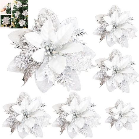 Lot de 6 poinsettias artificiels argentés à paillettes. Fleurs de Noël artificielles à paillettes, idéales pour les fêtes de Noël, du Nouvel An et les mariages. (1/5)