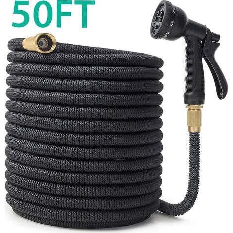 Flexible d'arrosage de jardin extensible 50 FT, tissu polyester, latex double couche, raccords laiton, 8 modes, avec valve et sac, pour jardin et nettoyage (1/2)