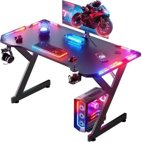 EcoFurnix LED Gaming Desk 120 × 60 cm, Ergonomic Gamer Desk in Carbon Fiber, Black (1/5)