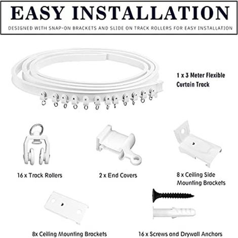 3 Meter langes, gebogenes Vorhangschienen-Set aus PVC-Kunststoff und Stahl, inklusive Zubehör, U-förmigen und L-förmigen flexiblen Führungsschienen. (1/5)