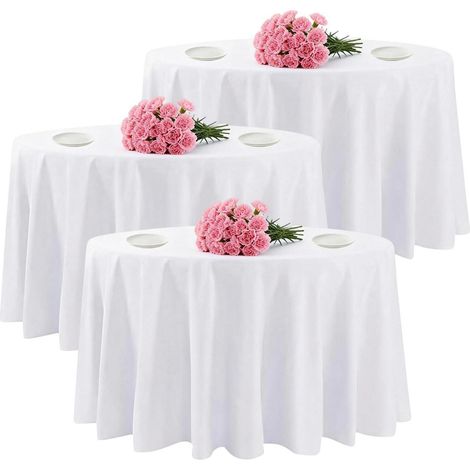 Lot de 3 sets de table ronds 140 cm lavables, imperméables, aspect lin, blanc