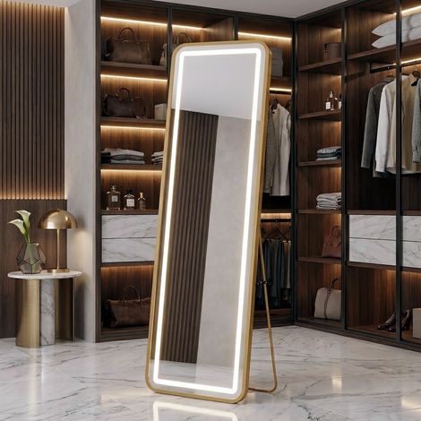 Miroir LED 150x40cm miroir sur pied lumineux tactile élégant aluminium verre trempé doré chambre dressing (1/5)
