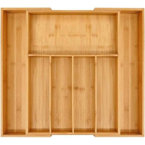 Range à Couverts en Bambou Extensible pour Tiroir, Organisateur de Cuisine Ajustable 31,5-48 cm, Séparateur pour Cuillères et Fourchettes