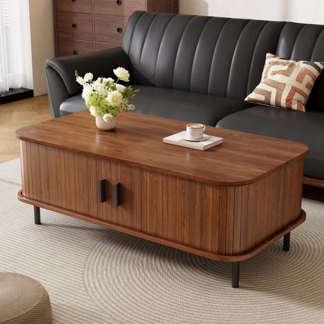 Table basse coulissante rectangulaire avec rangement, design moderne à lamelles verticales, table d'appoint pour salon, meuble TV avec portes coulissantes (1/5)