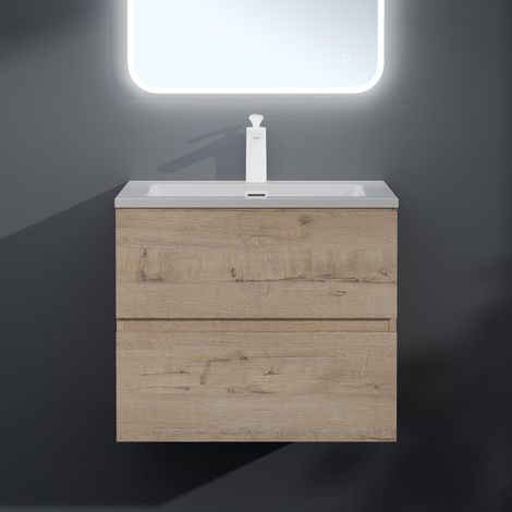 Mai & Mai Mobile Bagno Sospeso 60cm, Mobile da Bagno con 2 Cassetti Include Lavabo Bianco Aqualis F161, Rovere chiaro (1/5)