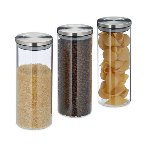 Relaxdays Vorratsglas 3er Set, luftdicht, Edelstahl Deckel, für Pasta, Müsli & Reis, 1,5 l Küchenbehälter, transparent (1/5)