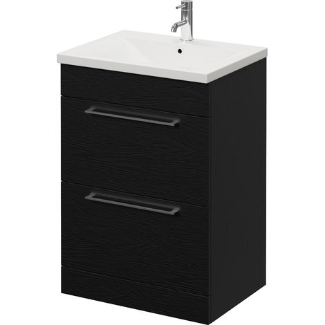 Napoli 460 Nero Oak 600mm 2 Drawer Vanity Unit with Glide Basin - 600mm - Chrome 320mm Handle