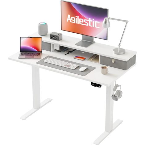 Bureau réglable en Hauteur électrique avec 2 tiroirs Bureau assis debout 100 x 60 cm, 2 positions mémoire, charge 70 kg, design ergonomique, idéal télétravail, Blanc (1/5)