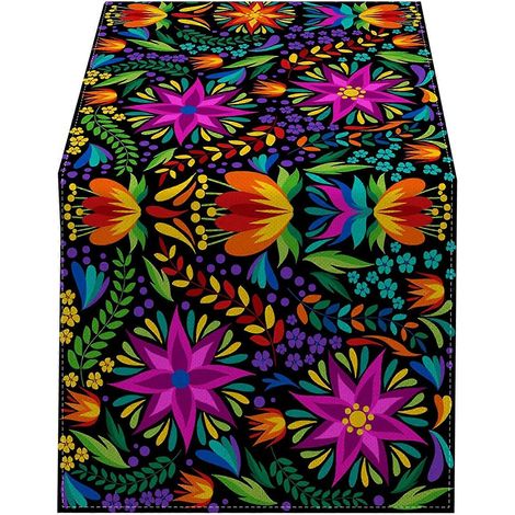 Chemin de table coloré à motif floral mexicain, nappe en lin avec crâne d'Halloween et décoration pour table basse, mariage, dîner ou fête.