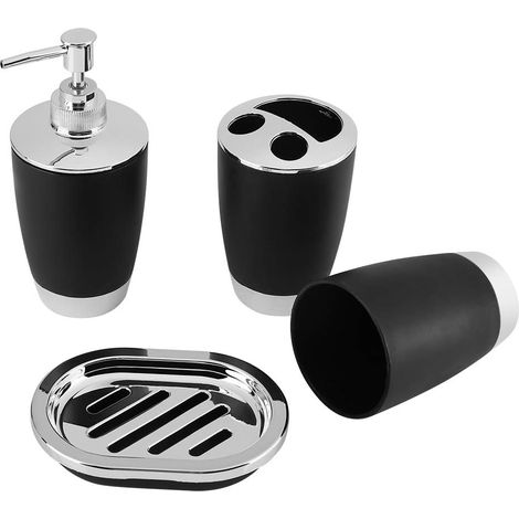 Ensemble d'accessoires de Salle de Bain 4 pièces, Distributeur de Savon et Porte-Brosse à Dents, Distributeur de Porte-Savon pour la Maison, Salle de Bain, Accessoire de comptoir (Noir) (1/5)