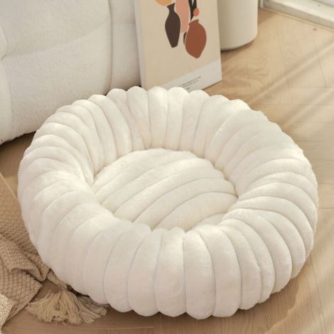 Petit panier rond pour chien/chat, en velours côtelé doux, base antidérapante, blanc (1/5)