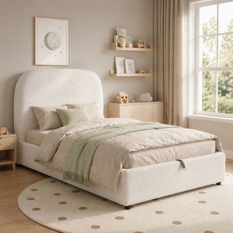 Kinderbett 90x200 cm beige Bouclé mit Stauraum, gepolstertem Kopfteil und Lattenrost (1/5)
