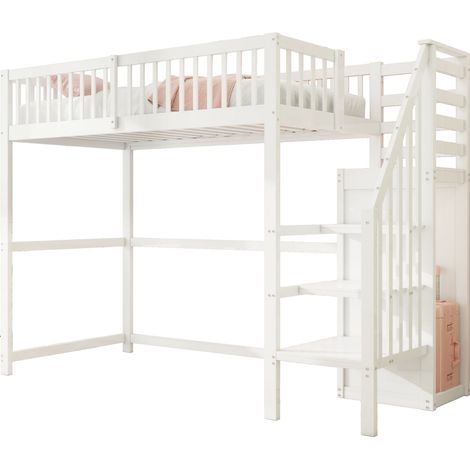 Cama Alta 90 x 200 Cm Con Escalera, Armario Y Almacenamiento, Sin Colchón, De Madera, Blanco (1/5)